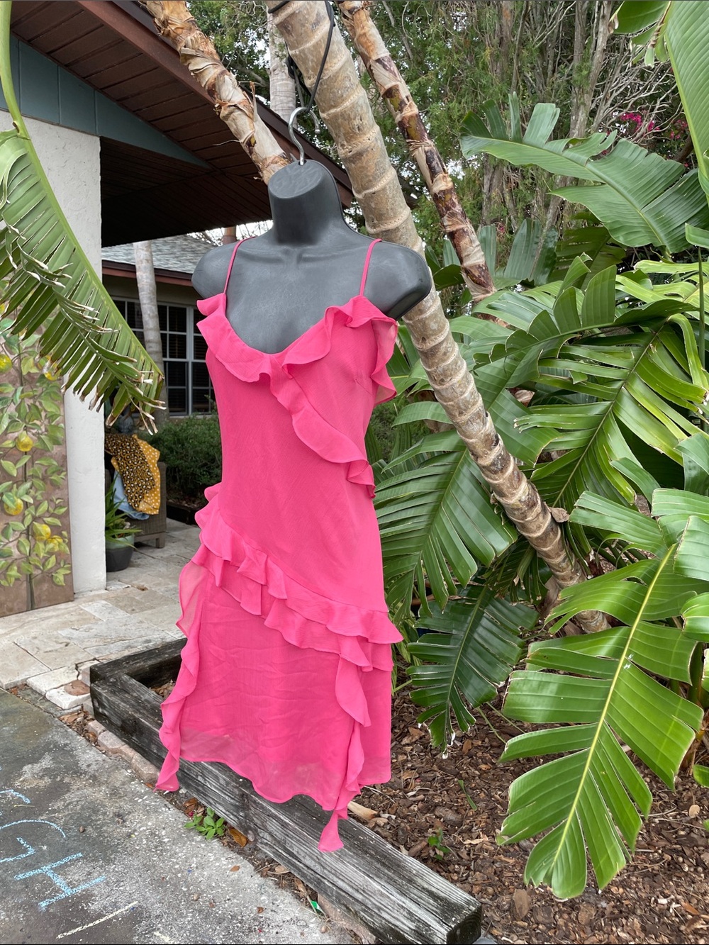 Ruffle Slip Dress in Hot Pink with ruffled fringe
